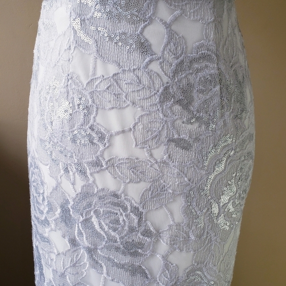 Adrianna Papell Silver White Lace Sequin Blouson Column Gown Brigerton Size 4 - Picture 10 of 13
